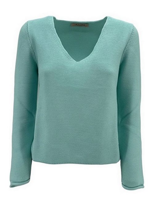 Women's turquoise v-neck sweater with rice grain workmanship La fileria | 23286-14036504